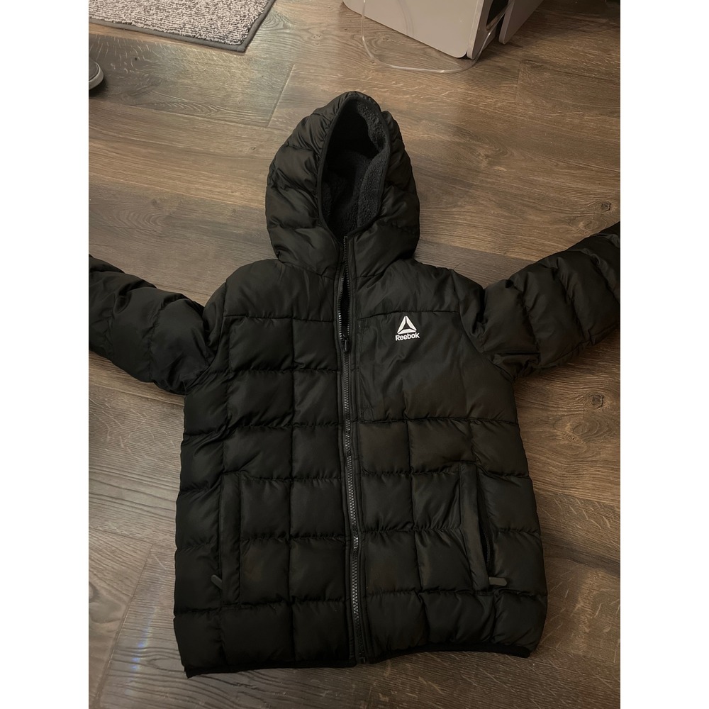 Reebok Kids Puffer Jacket Black Quilted Fleece Lined Hooded Winter Coat size 8